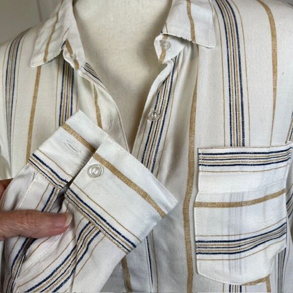 Gentle Fawn Crepe Button Front Shirt White w/ Tan Navy Pocket Oversized XS - Picture 2 of 9